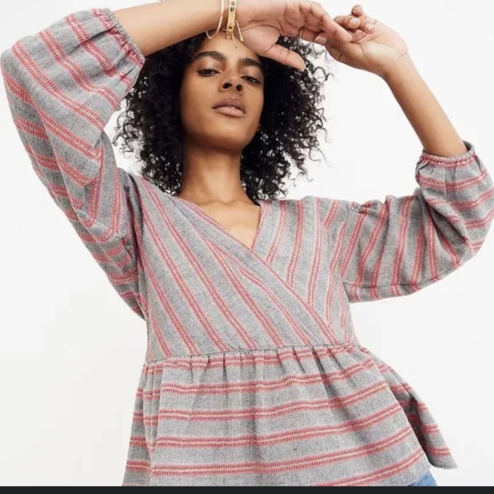 Madewell Striped Bubble-Sleeve Peplum Top‎